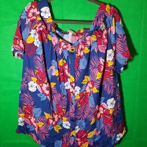 Woman Within Women Floral Button Up Cold Shoulder Blouse Hawaiian 2X 26/28 Aloha